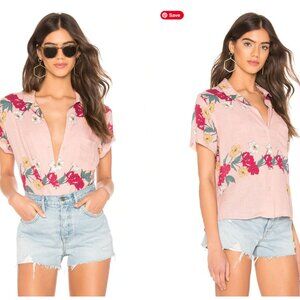 Rails Zuma short sleeve button down pink hana floral shirt linen blend M